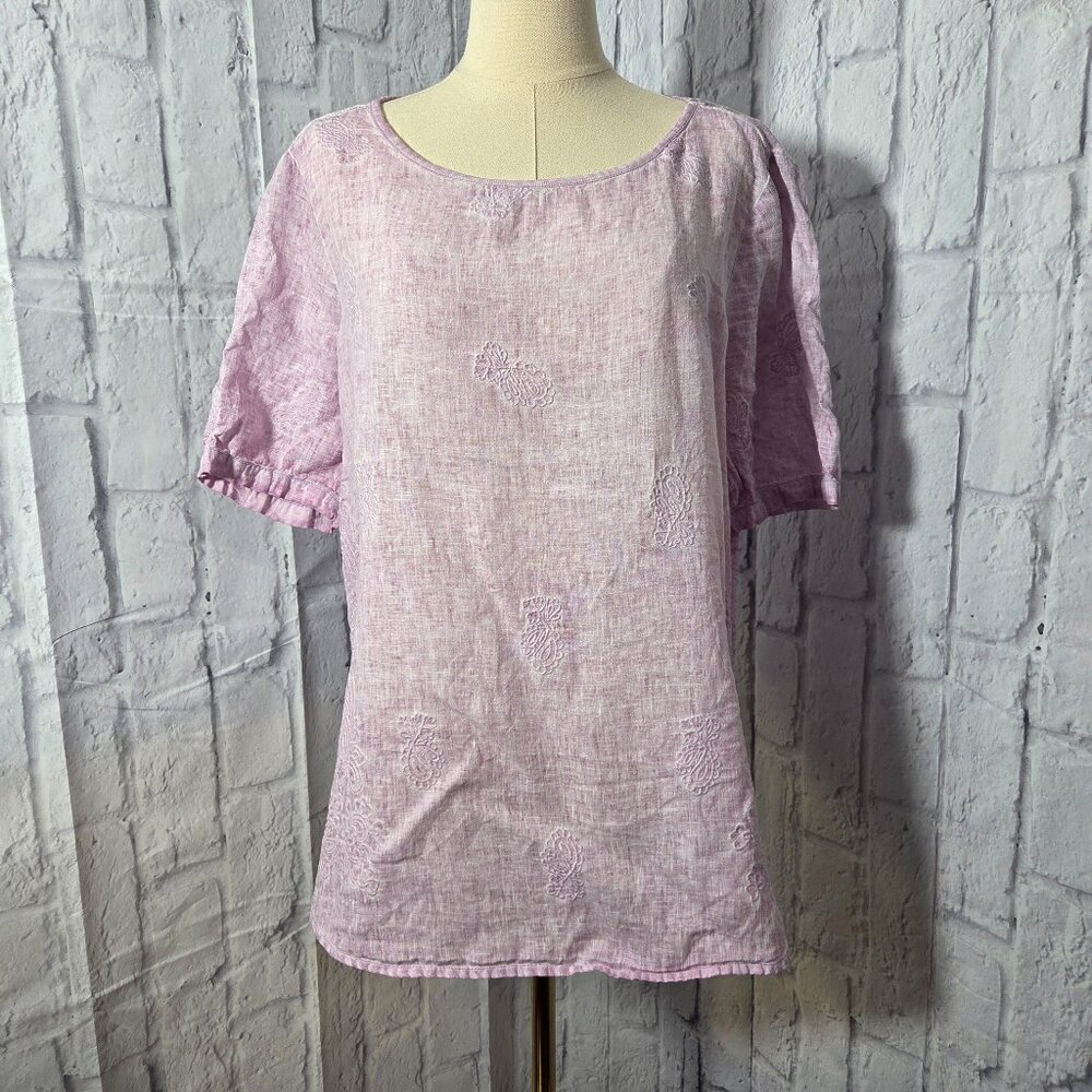 Chico's 2 (Large) Light Lilac Purple Paisley 100% Linen Shortsleeve Summer Top